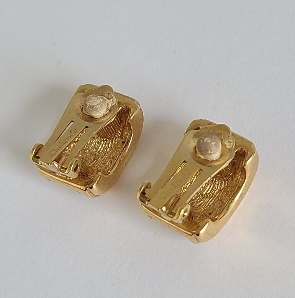 Vintage Christian Dior Designer Luxury Crystal Chunky Gold Clip On Stud Earrings - Picture 5 of 10